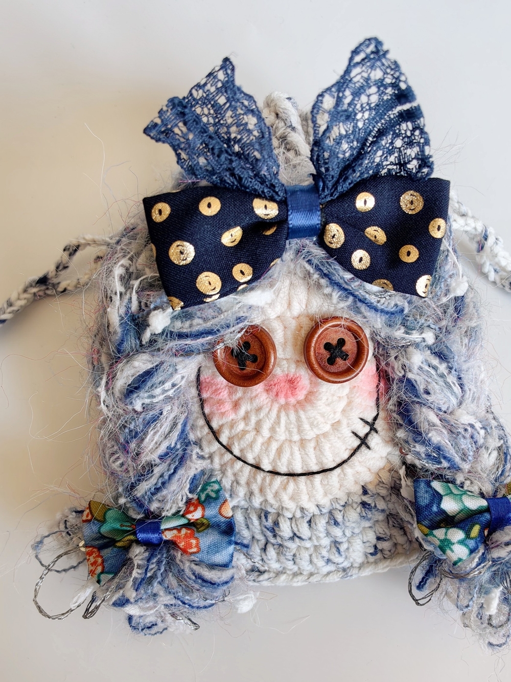 Hand Crochet Doll Mini Drawstring Pouch, Cute Handmade Small Bag